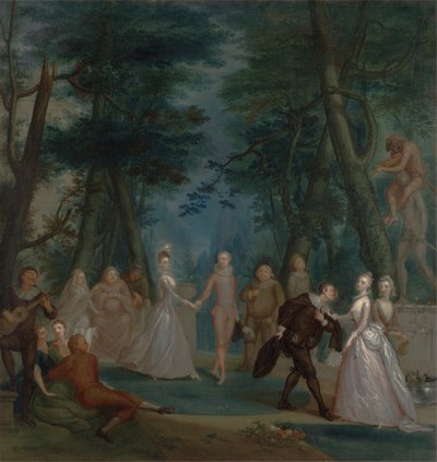 在公园的场景，与Commedia dell&39;Arte，1735年的数字 作者 Marcellus the Younger Laroon